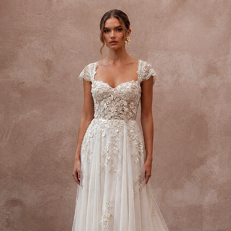 Boho Country Wedding Gown with Embroidered Bodice and Chapel Train