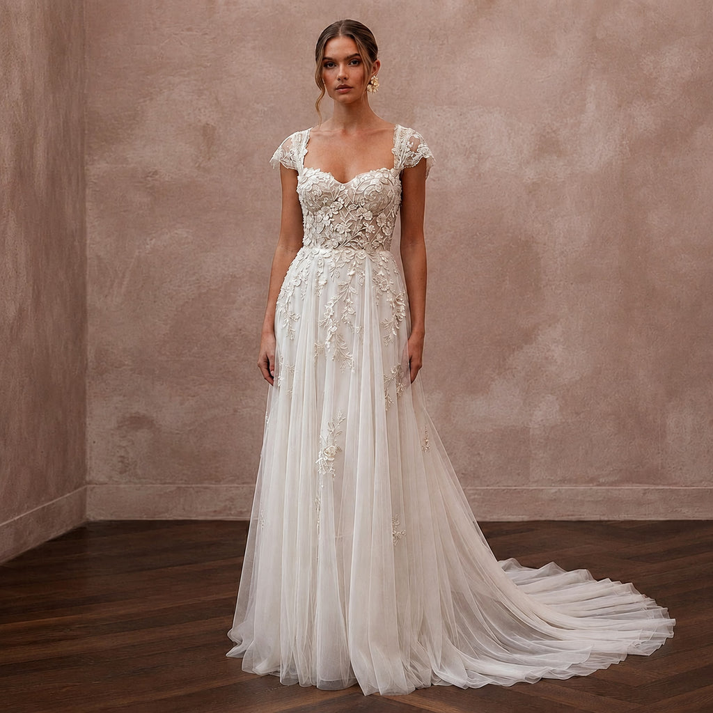 Boho Country Wedding Gown with Embroidered Bodice and Chapel Train - Apparel & Accessories > Clothing > Wedding & Bridal Party Dresses > Wedding Dresses - Mignonette Bridal