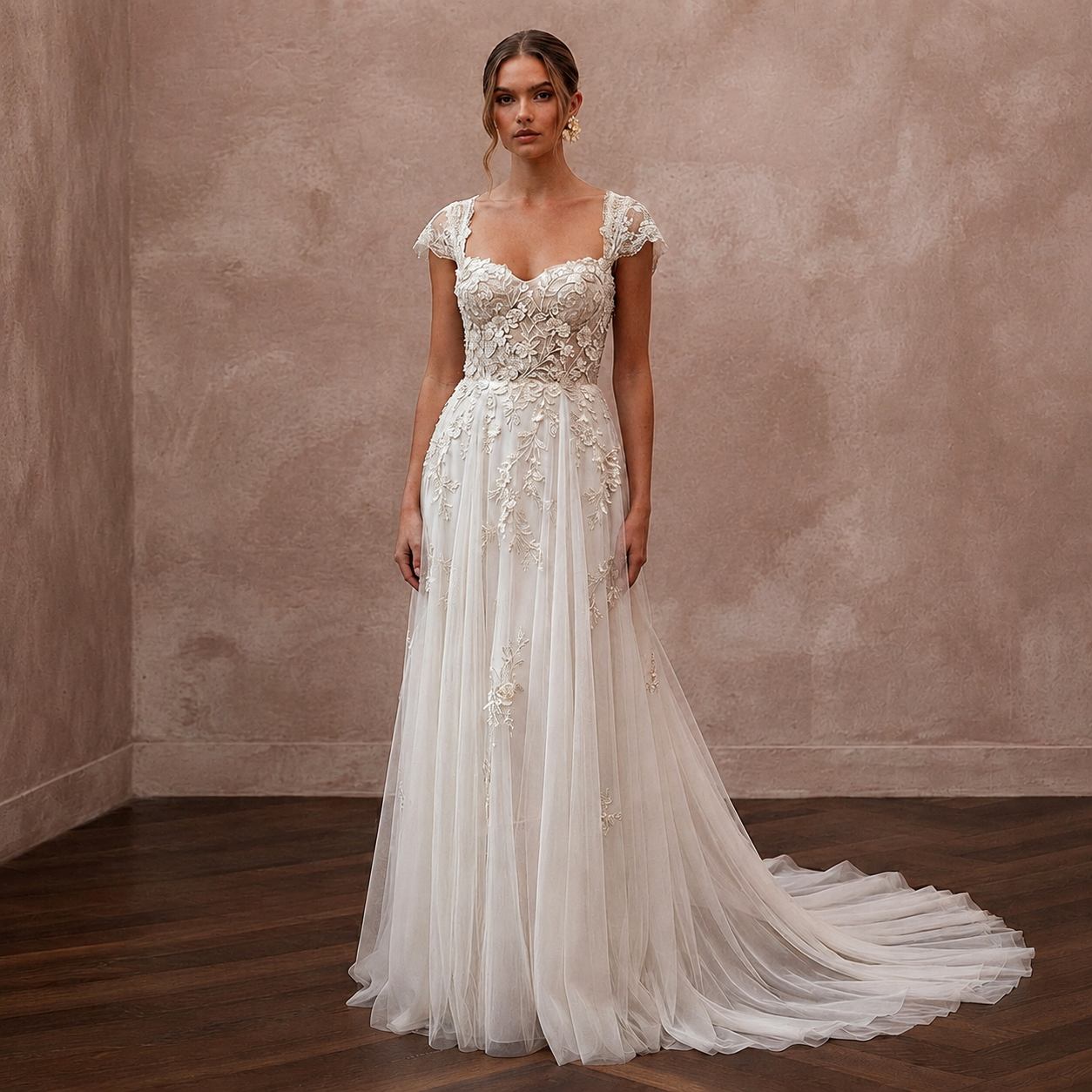 Boho Country Wedding Gown with Embroidered Bodice and Chapel Train