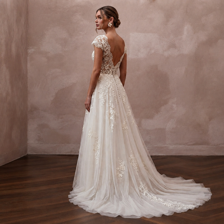 Boho Country Wedding Gown with Embroidered Bodice and Chapel Train