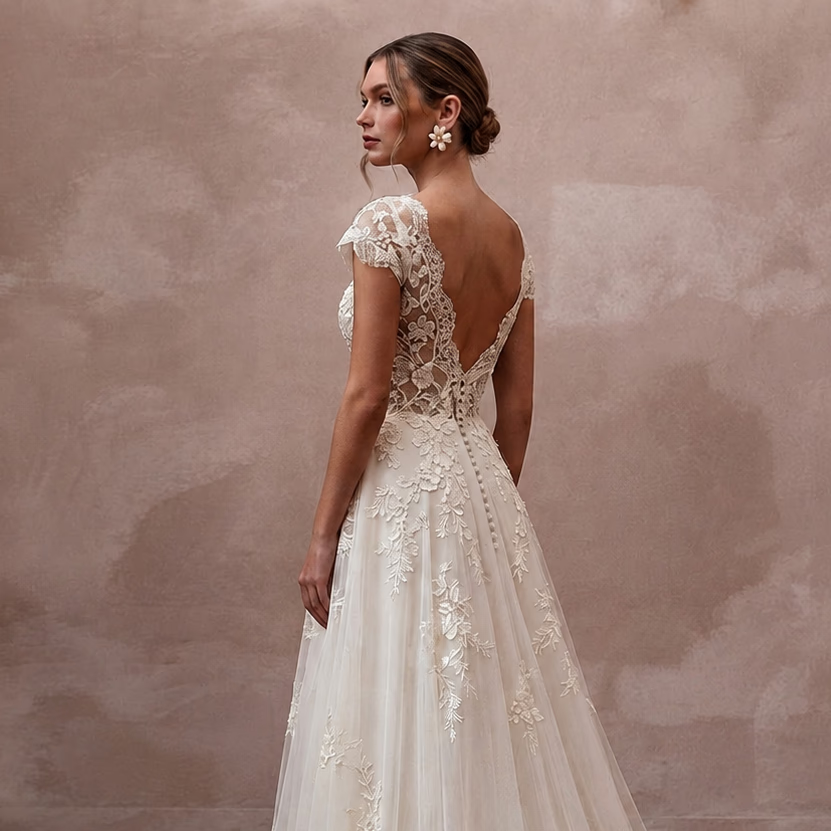Boho Country Wedding Gown with Embroidered Bodice and Chapel Train - Apparel & Accessories > Clothing > Wedding & Bridal Party Dresses > Wedding Dresses - Mignonette Bridal