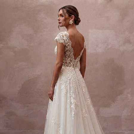Boho Country Wedding Gown with Embroidered Bodice and Chapel Train - Apparel & Accessories > Clothing > Wedding & Bridal Party Dresses > Wedding Dresses - Mignonette Bridal