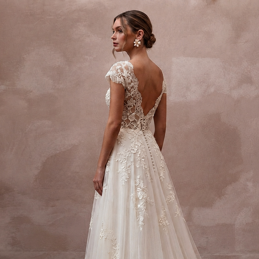 Boho Country Wedding Gown with Embroidered Bodice and Chapel Train