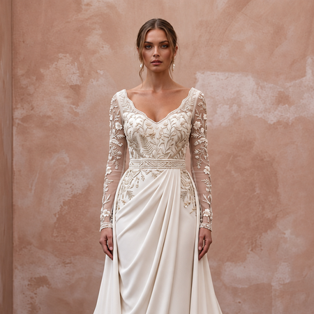 Boho Embroidered Wedding Gown with Long Sleeves