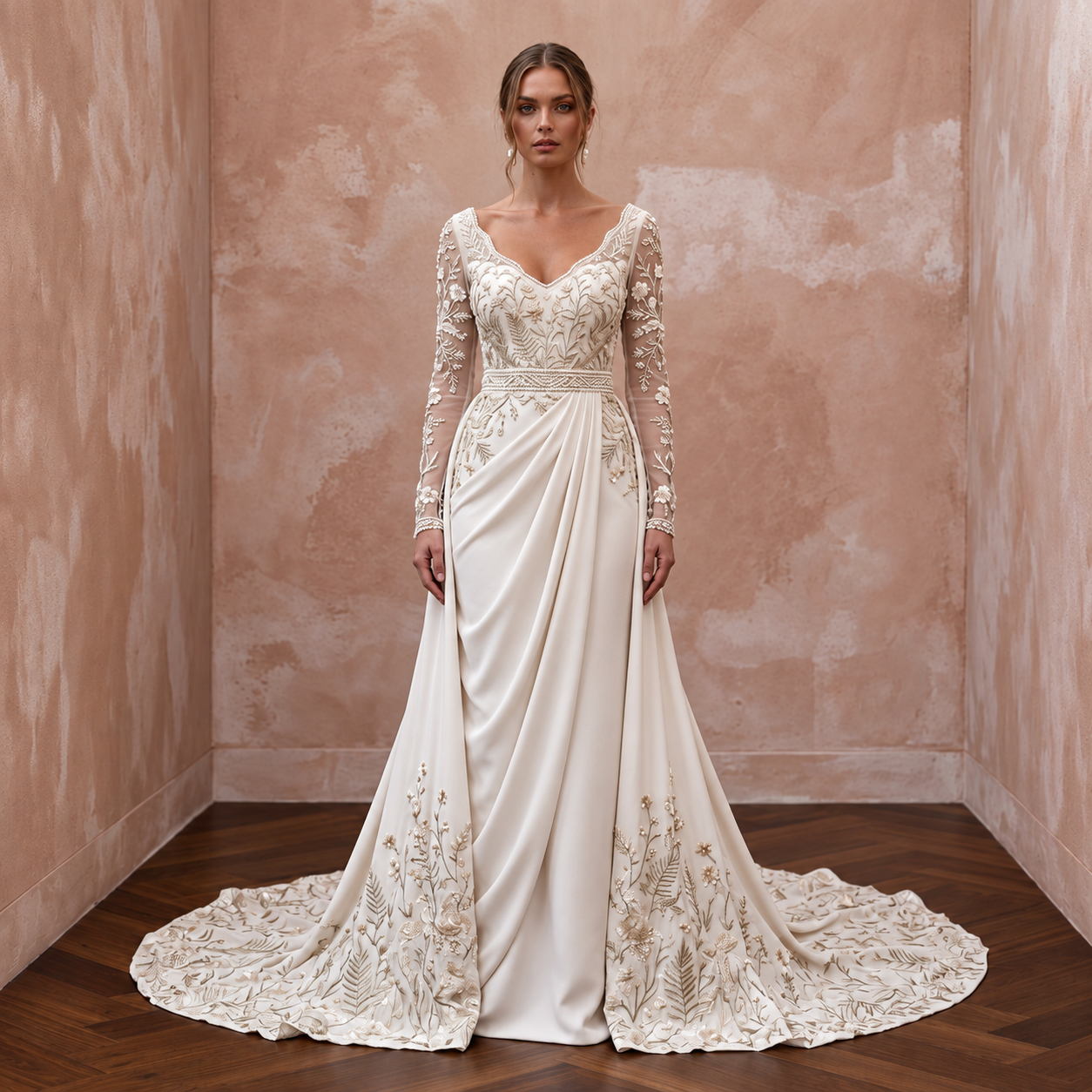 Boho Embroidered Wedding Gown with Long Sleeves