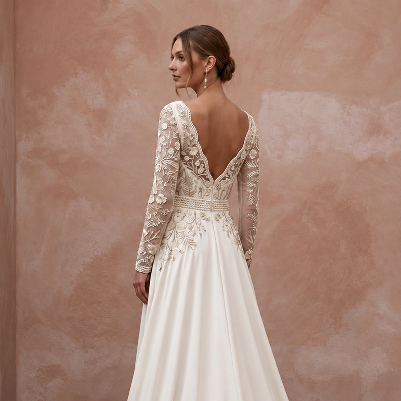 Boho Embroidered Wedding Gown with Long Sleeves