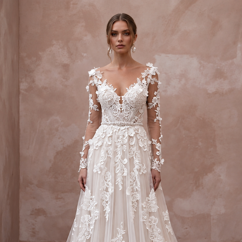 Boho Floral Lace Wedding Dress for a Garden Ceremony