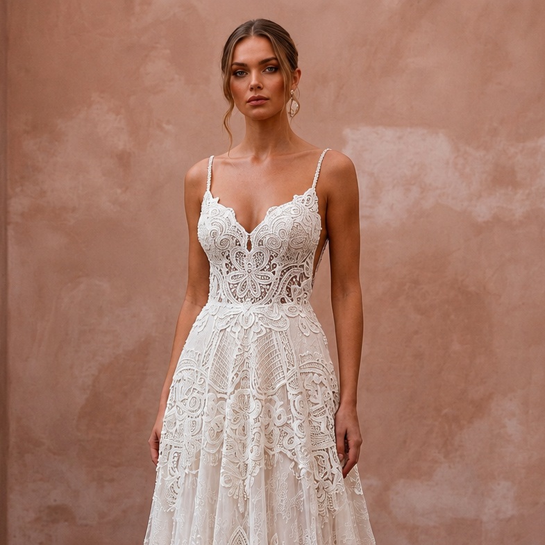 Boho Lace A-Line Wedding Dress with Open Back