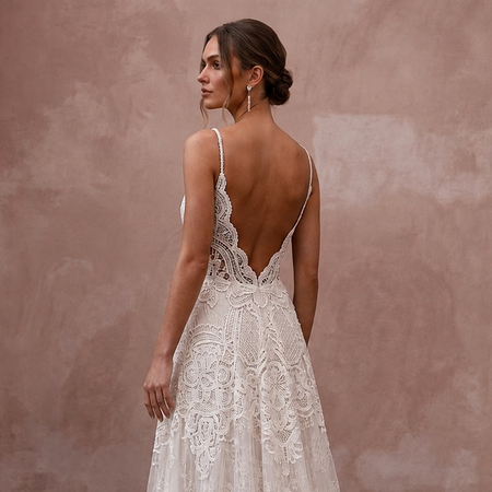 Boho Lace A - Line Wedding Dress with Open Back - Apparel & Accessories > Clothing > Wedding & Bridal Party Dresses > Wedding Dresses - Mignonette Bridal