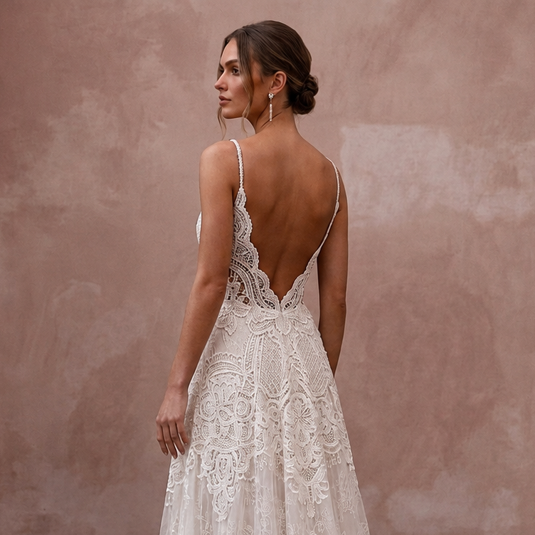 Boho Lace A-Line Wedding Dress with Open Back