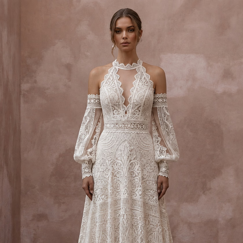 Boho Lace Bridal Dress for a Spring Outdoor Ceremony