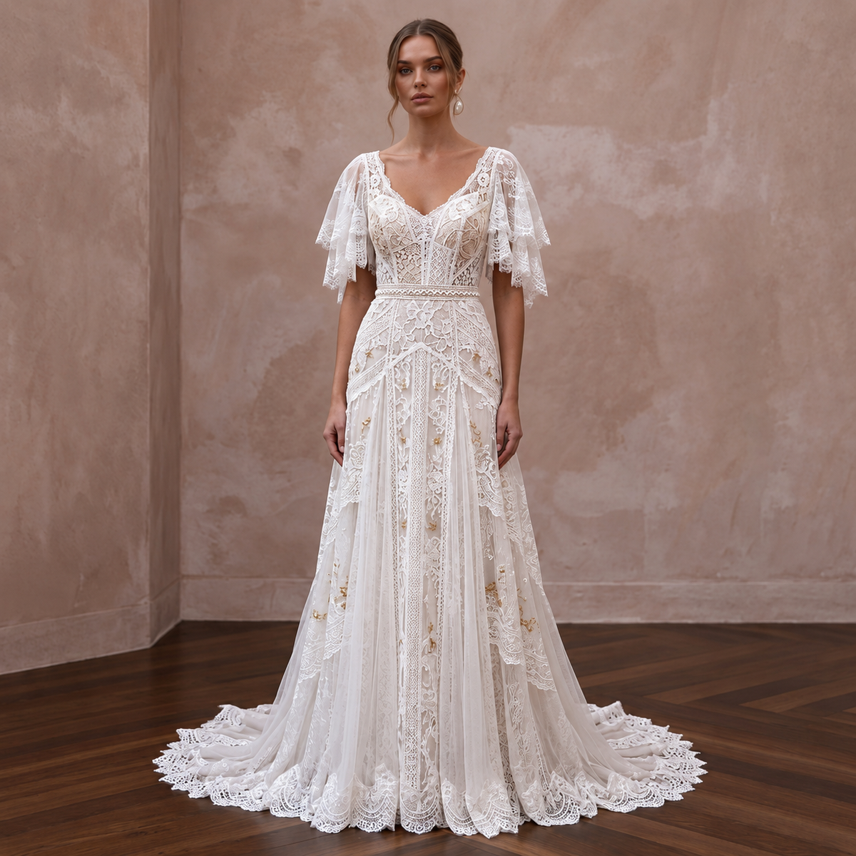 Boho Lace Bridal Dress with Flutter Sleeves - Apparel & Accessories > Clothing > Wedding & Bridal Party Dresses > Wedding Dresses - Mignonette Bridal Main image