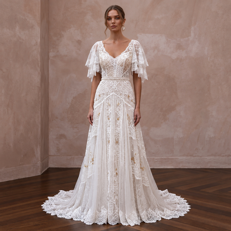 Boho Lace Bridal Dress with Flutter Sleeves