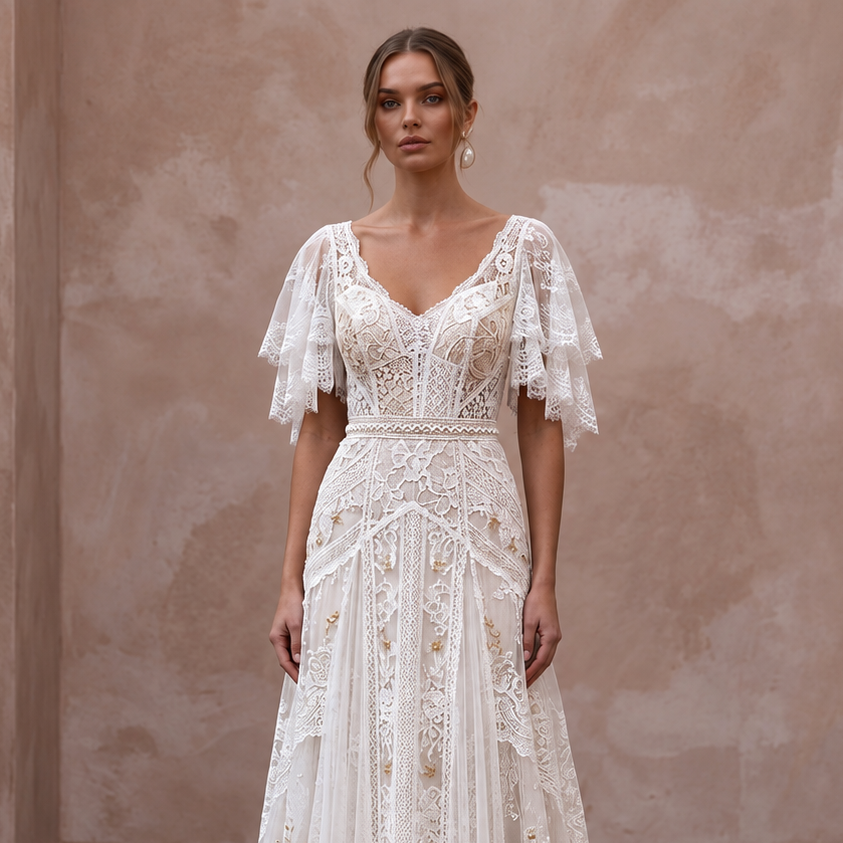 Boho Lace Bridal Dress with Flutter Sleeves
