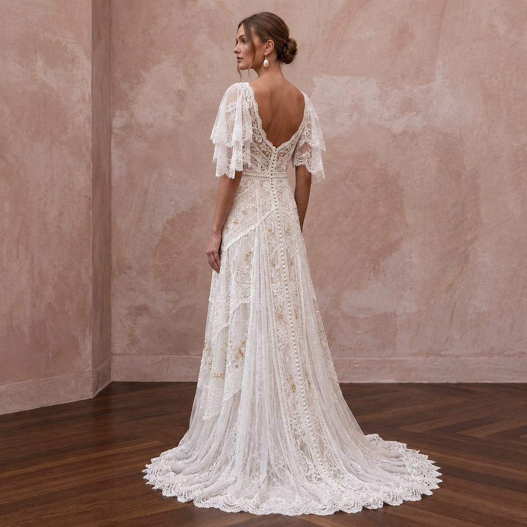 Boho Lace Bridal Dress with Flutter Sleeves