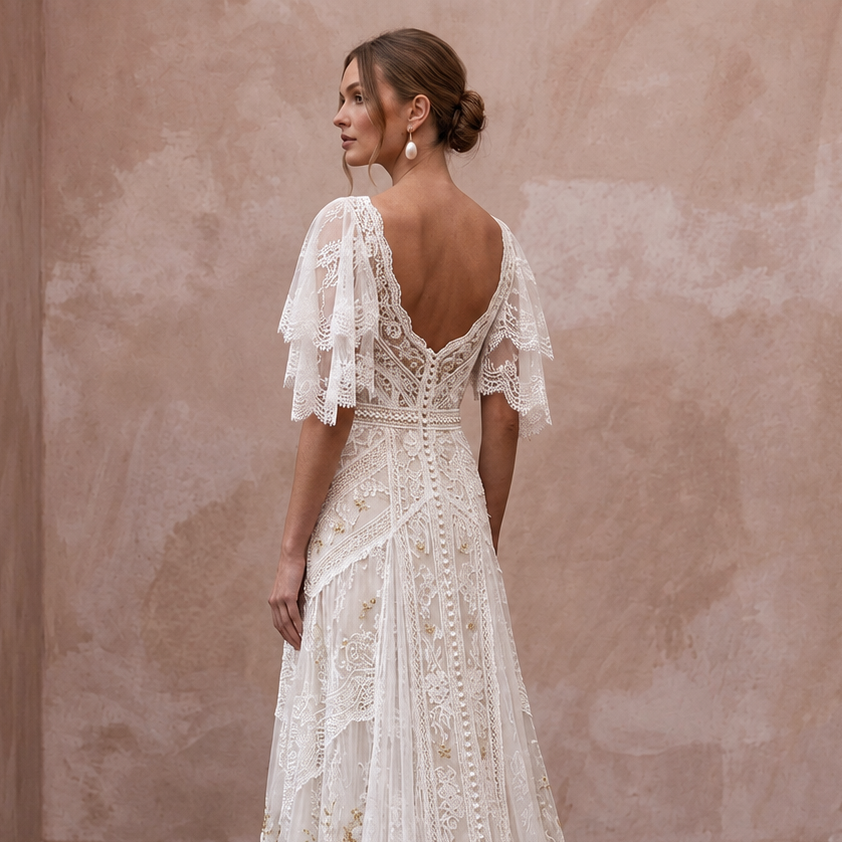 Boho Lace Bridal Dress with Flutter Sleeves