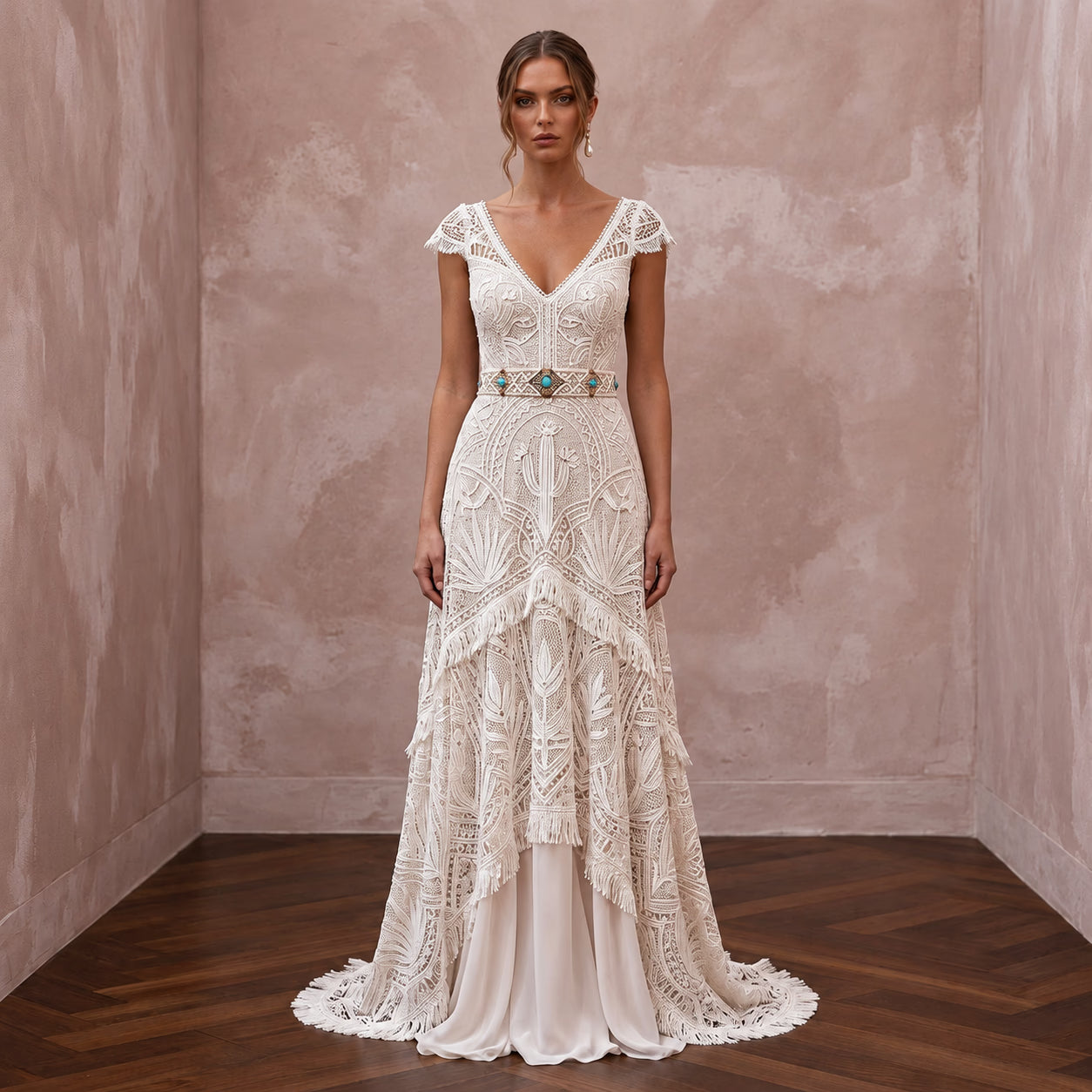 Boho Lace Bridal Gown for a Desert Wedding - Apparel & Accessories > Clothing > Wedding & Bridal Party Dresses > Wedding Dresses - Mignonette Bridal