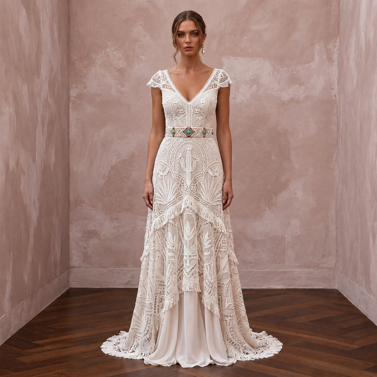 Boho Lace Bridal Gown for a Desert Wedding - Apparel & Accessories > Clothing > Wedding & Bridal Party Dresses > Wedding Dresses - Mignonette Bridal Main image