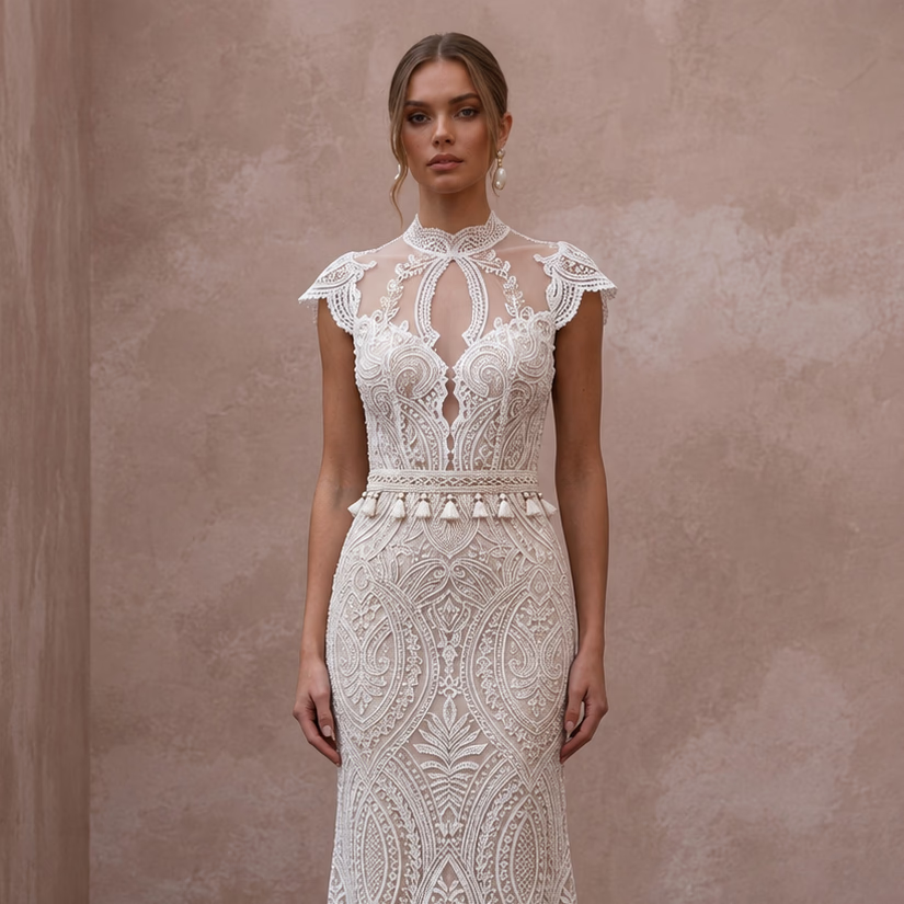Boho Lace Column Wedding Dress with Open Back - Apparel & Accessories > Clothing > Wedding & Bridal Party Dresses > Wedding Dresses - Mignonette Bridal
