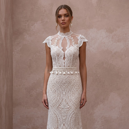 Boho Lace Column Wedding Dress with Open Back - Apparel & Accessories > Clothing > Wedding & Bridal Party Dresses > Wedding Dresses - Mignonette Bridal