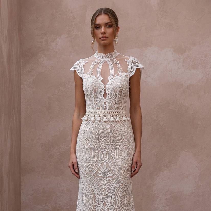 Boho Lace Column Wedding Dress with Open Back - Apparel & Accessories > Clothing > Wedding & Bridal Party Dresses > Wedding Dresses - Mignonette Bridal