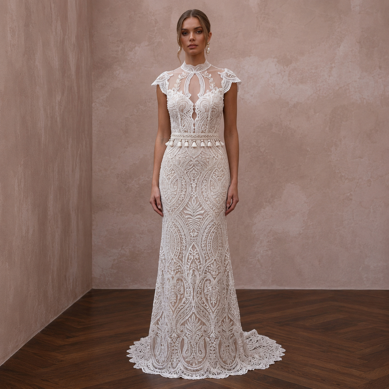 Boho Lace Column Wedding Dress with Open Back - Apparel & Accessories > Clothing > Wedding & Bridal Party Dresses > Wedding Dresses - Mignonette Bridal