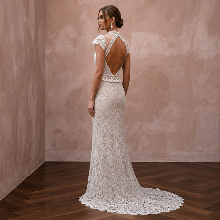 Boho Lace Column Wedding Dress with Open Back - Apparel & Accessories > Clothing > Wedding & Bridal Party Dresses > Wedding Dresses - Mignonette Bridal