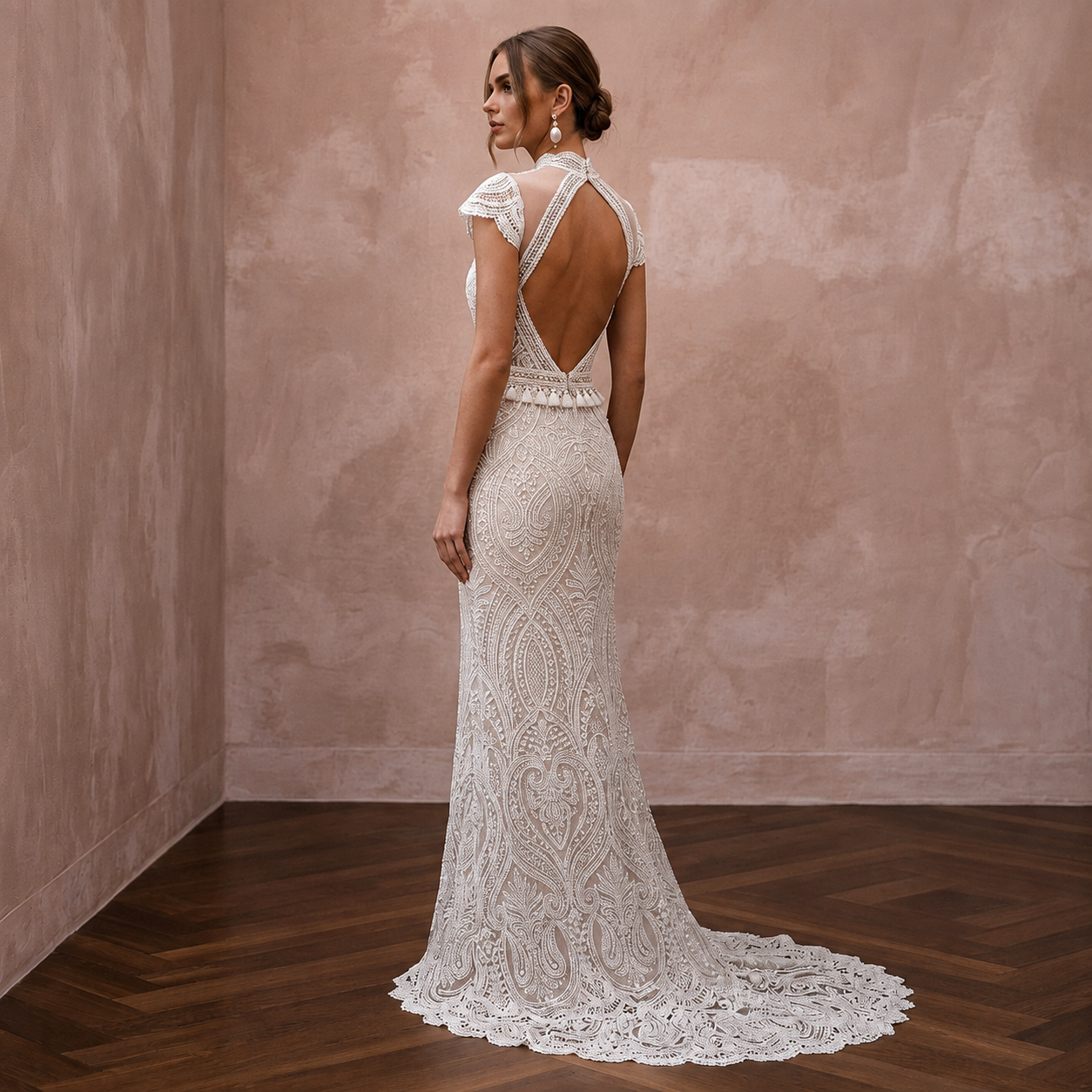 Boho Lace Column Wedding Dress with Open Back - Apparel & Accessories > Clothing > Wedding & Bridal Party Dresses > Wedding Dresses - Mignonette Bridal