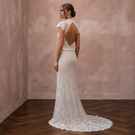 Boho Lace Column Wedding Dress with Open Back - Apparel & Accessories > Clothing > Wedding & Bridal Party Dresses > Wedding Dresses - Mignonette Bridal