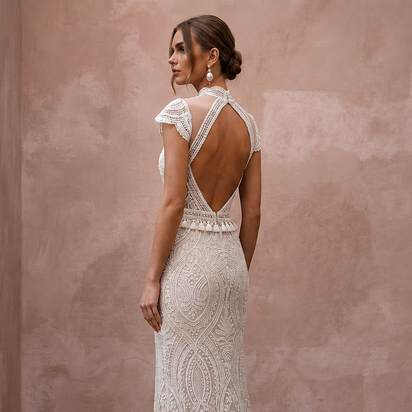 Boho Lace Column Wedding Dress with Open Back - Apparel & Accessories > Clothing > Wedding & Bridal Party Dresses > Wedding Dresses - Mignonette Bridal