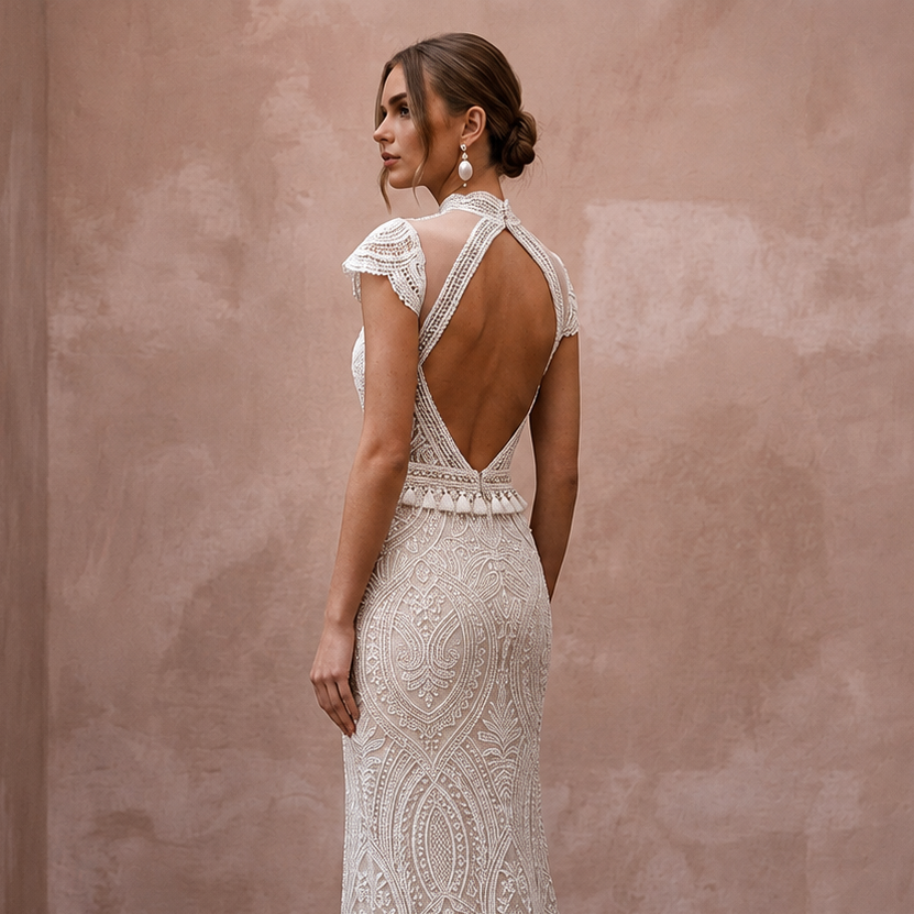 Boho Lace Column Wedding Dress with Open Back - Apparel & Accessories > Clothing > Wedding & Bridal Party Dresses > Wedding Dresses - Mignonette Bridal