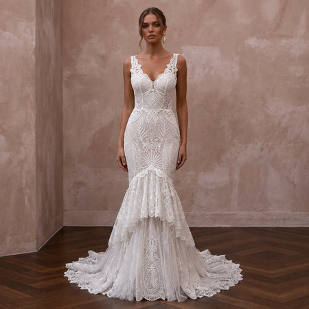 Boho Lace Mermaid Wedding Dress with Open Back - Apparel & Accessories > Clothing > Wedding & Bridal Party Dresses > Wedding Dresses - Mignonette Bridal