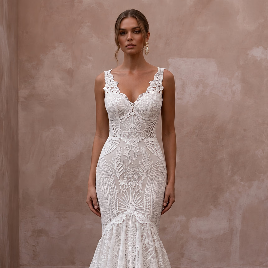 Boho Lace Mermaid Wedding Dress with Open Back - Apparel & Accessories > Clothing > Wedding & Bridal Party Dresses > Wedding Dresses - Mignonette Bridal