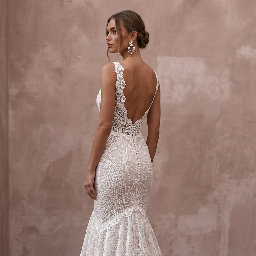 Boho Lace Mermaid Wedding Dress with Open Back - Apparel & Accessories > Clothing > Wedding & Bridal Party Dresses > Wedding Dresses - Mignonette Bridal