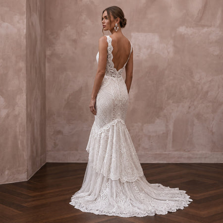 Boho Lace Mermaid Wedding Dress with Open Back - Apparel & Accessories > Clothing > Wedding & Bridal Party Dresses > Wedding Dresses - Mignonette Bridal