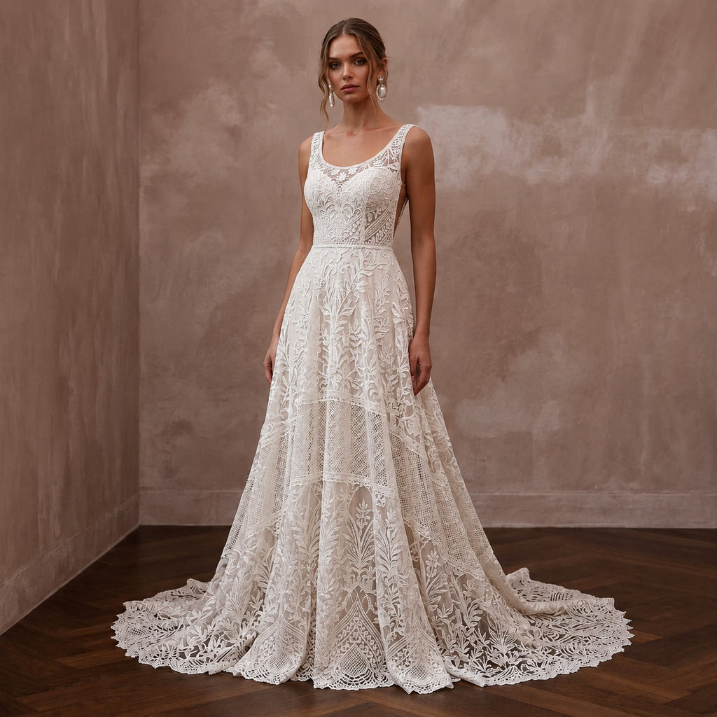Boho Lace Open Back Wedding Dress with A-Line Silhouette