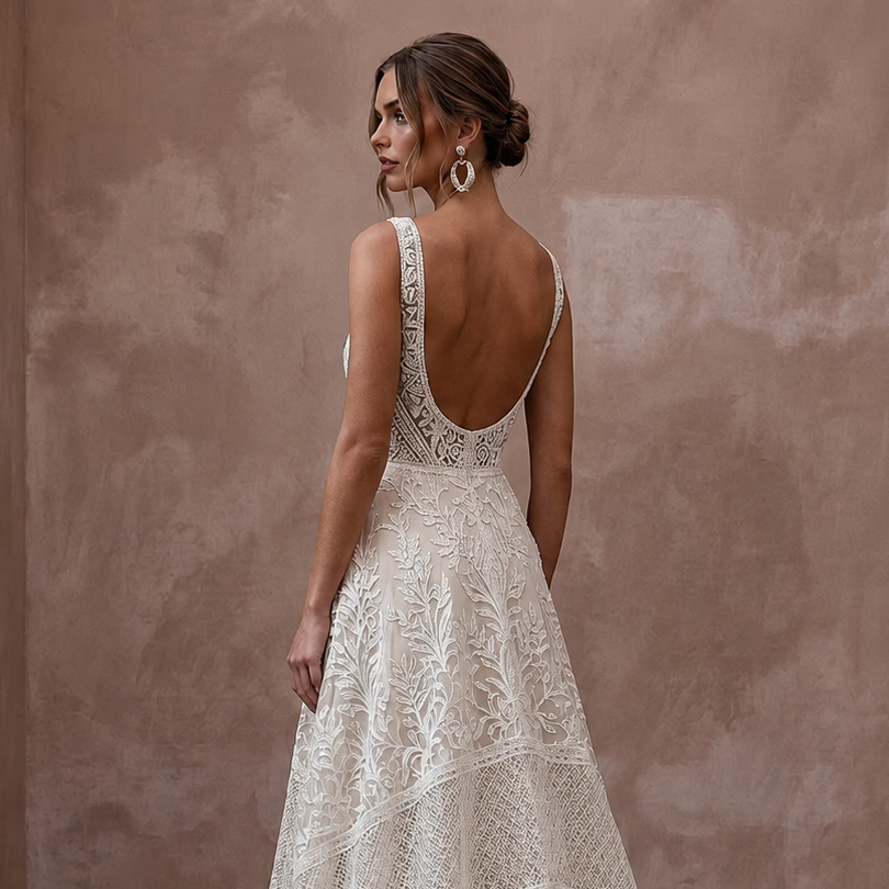 Boho Lace Open Back Wedding Dress with A-Line Silhouette