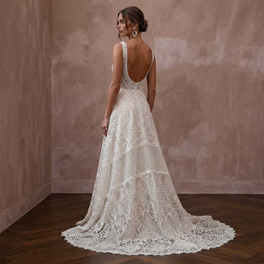 Boho Lace Open Back Wedding Dress with A-Line Silhouette