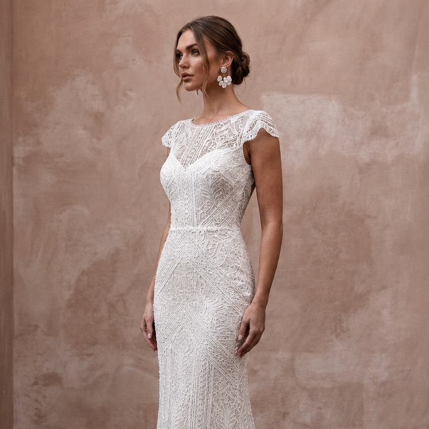 Boho Lace Sheath Wedding Dress with Open Back - Apparel & Accessories > Clothing > Wedding & Bridal Party Dresses > Wedding Dresses - Mignonette Bridal