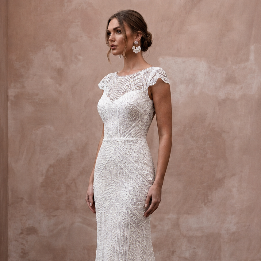 Boho Lace Sheath Wedding Dress with Open Back - Apparel & Accessories > Clothing > Wedding & Bridal Party Dresses > Wedding Dresses - Mignonette Bridal