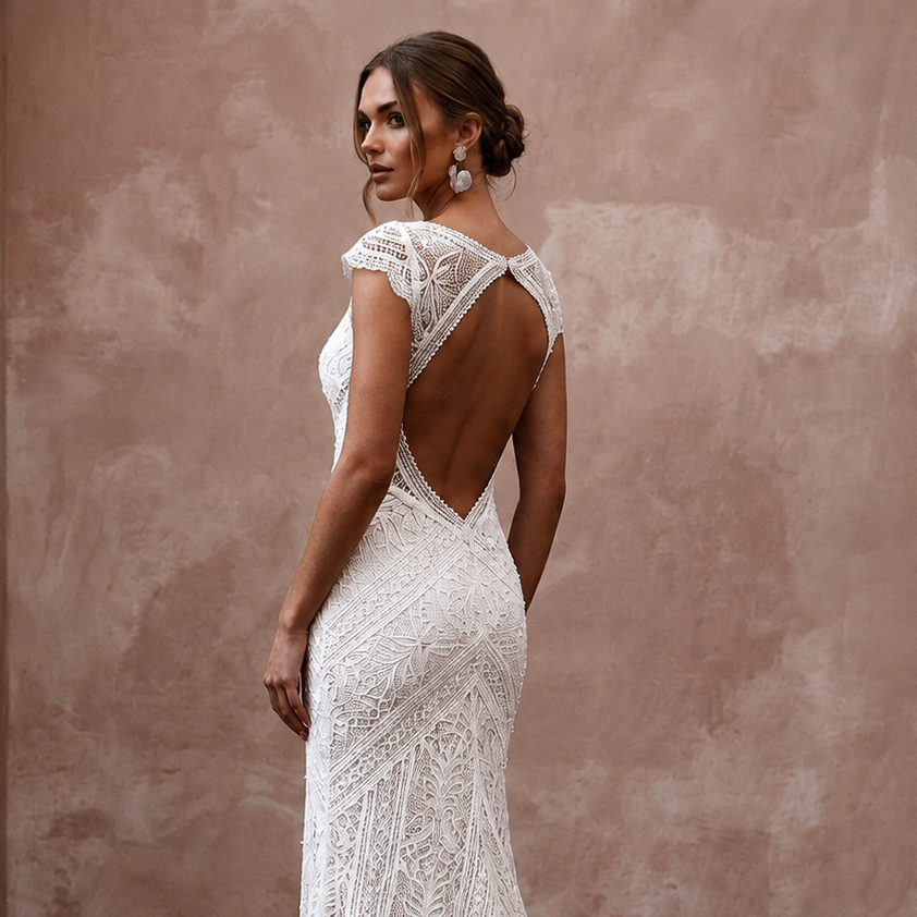 Boho Lace Sheath Wedding Dress with Open Back - Apparel & Accessories > Clothing > Wedding & Bridal Party Dresses > Wedding Dresses - Mignonette Bridal