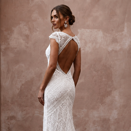 Boho Lace Sheath Wedding Dress with Open Back - Apparel & Accessories > Clothing > Wedding & Bridal Party Dresses > Wedding Dresses - Mignonette Bridal