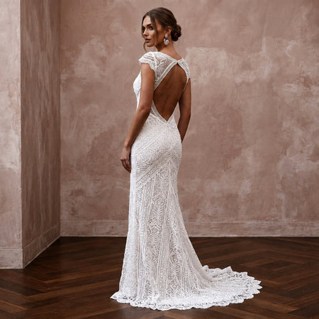 Boho Lace Sheath Wedding Dress with Open Back - Apparel & Accessories > Clothing > Wedding & Bridal Party Dresses > Wedding Dresses - Mignonette Bridal