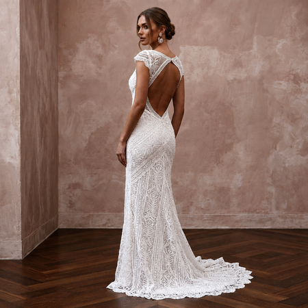 Boho Lace Sheath Wedding Dress with Open Back - Apparel & Accessories > Clothing > Wedding & Bridal Party Dresses > Wedding Dresses - Mignonette Bridal