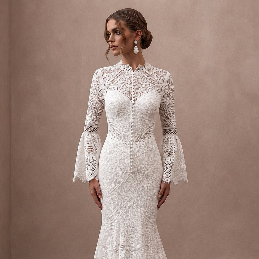 Boho Lace Trumpet Wedding Dress with Open Back - Apparel & Accessories > Clothing > Wedding & Bridal Party Dresses > Wedding Dresses - Mignonette Bridal