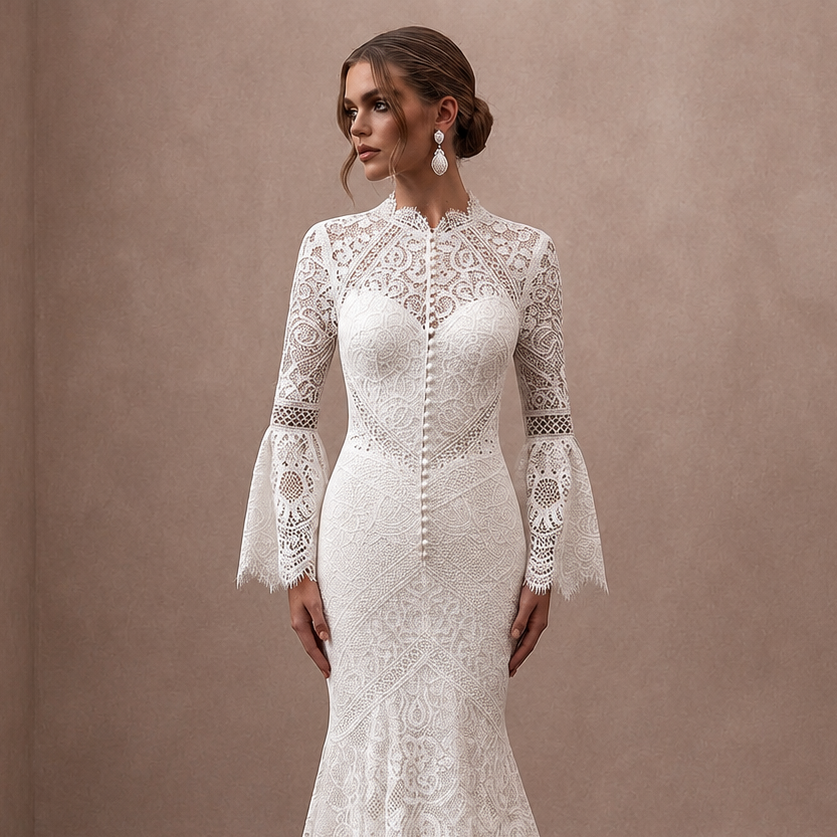 Boho Lace Trumpet Wedding Dress with Open Back - Apparel & Accessories > Clothing > Wedding & Bridal Party Dresses > Wedding Dresses - Mignonette Bridal
