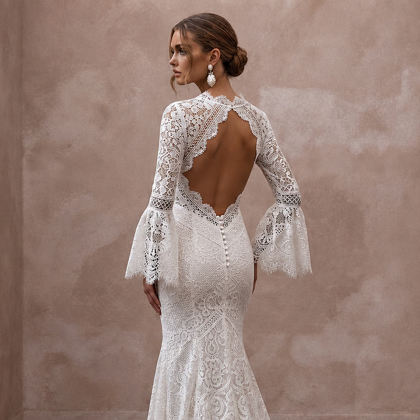 Boho Lace Trumpet Wedding Dress with Open Back - Apparel & Accessories > Clothing > Wedding & Bridal Party Dresses > Wedding Dresses - Mignonette Bridal