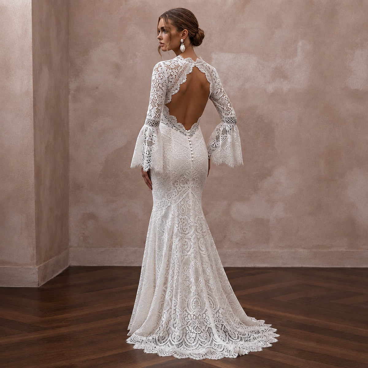 Boho Lace Trumpet Wedding Dress with Open Back - Apparel & Accessories > Clothing > Wedding & Bridal Party Dresses > Wedding Dresses - Mignonette Bridal
