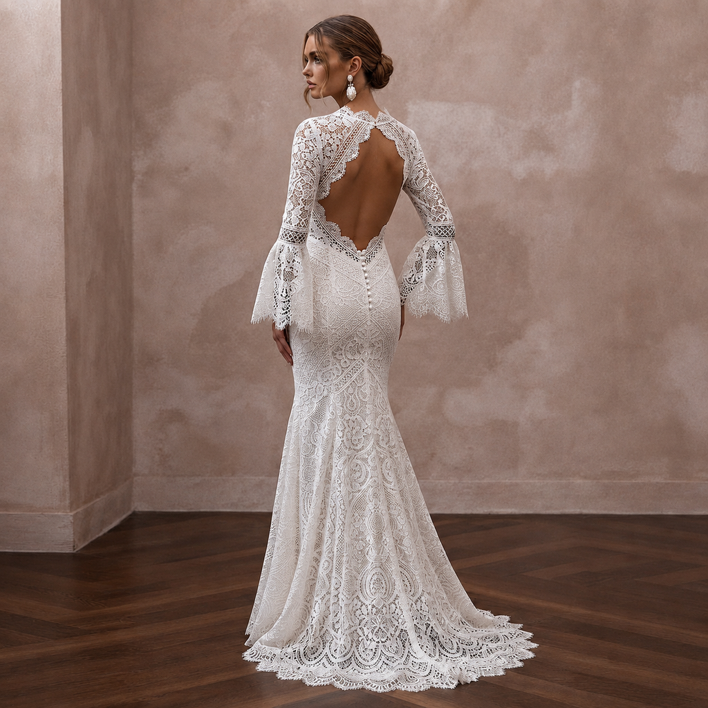 Boho Lace Trumpet Wedding Dress with Open Back - Apparel & Accessories > Clothing > Wedding & Bridal Party Dresses > Wedding Dresses - Mignonette Bridal