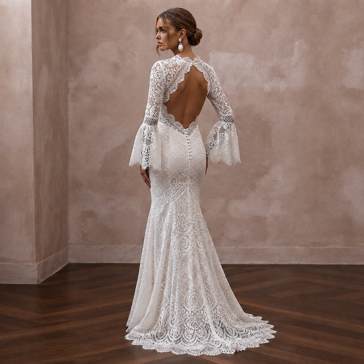 Boho Lace Trumpet Wedding Dress with Open Back - Apparel & Accessories > Clothing > Wedding & Bridal Party Dresses > Wedding Dresses - Mignonette Bridal